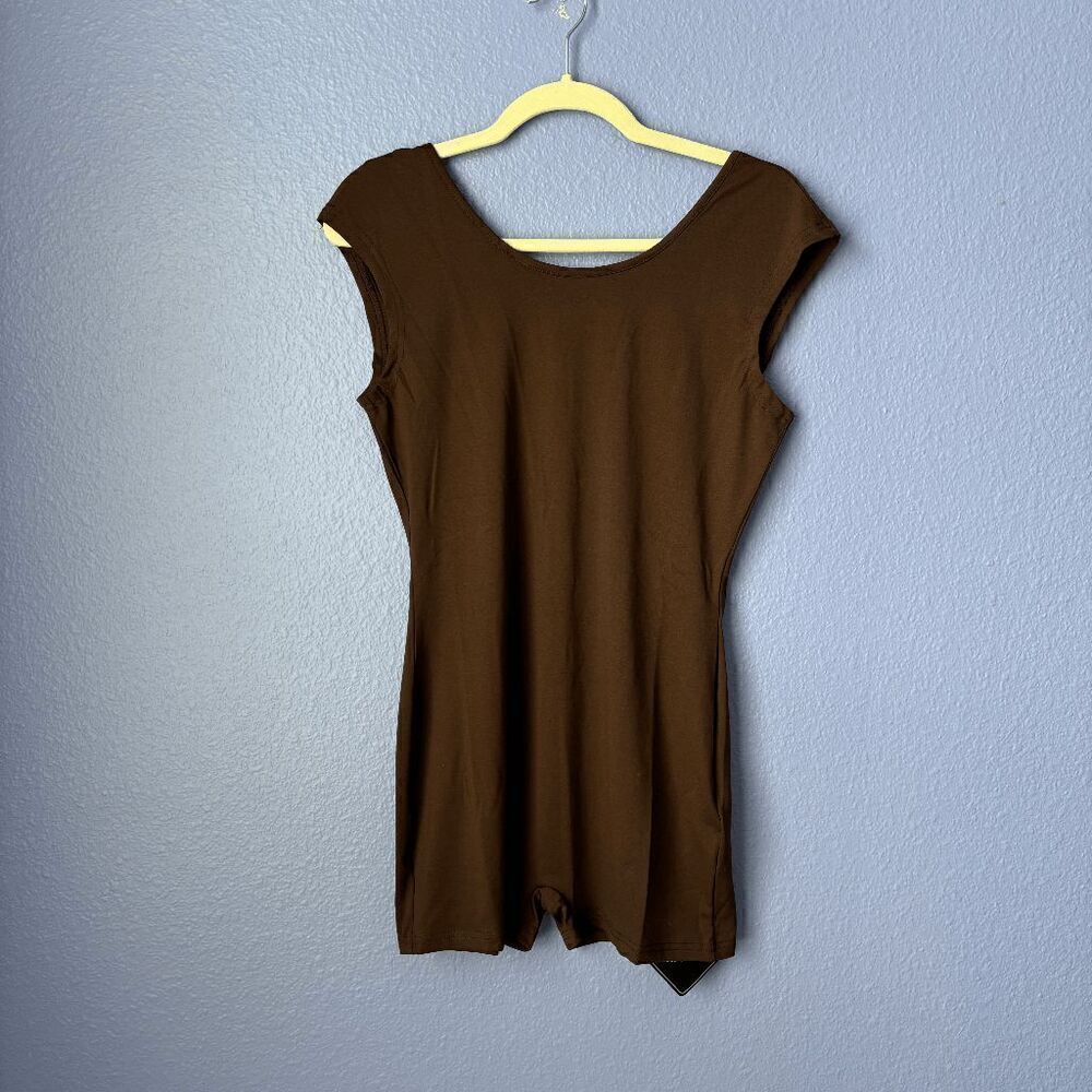 NWT ZAFUL Women's Open Back Solid Color Skinny Slim Unitard Romper Deep Coffee M